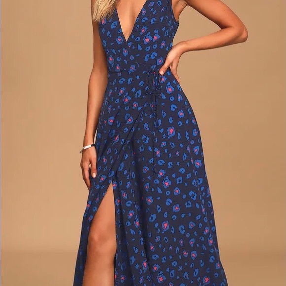 Dare to Be Wild Navy Blue Multi Leopard Print Wrap Maxi Dress - Picture 1 of 5